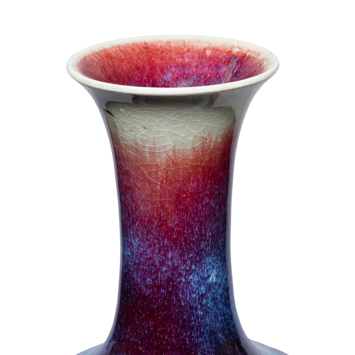 Rim Detail From Handcrafted Jingdezhen purple yaobian porcelain trumpet mouth vase with flambé glaze in rich aubergine, crimson and cobalt blue tones and a softly crackled ivory flared rim | Indigo Antiques