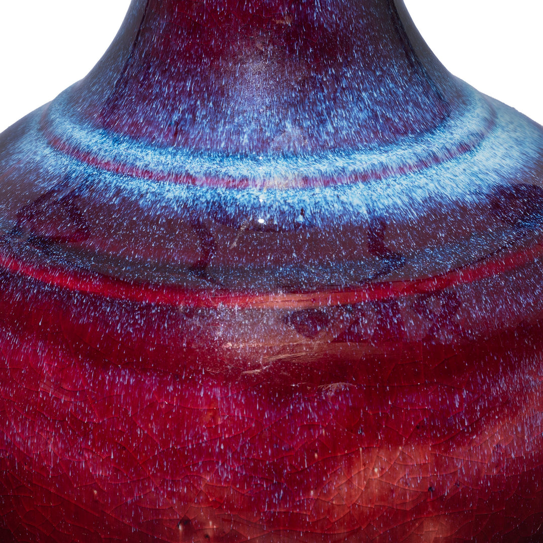 Glaze Detail From Handcrafted Jingdezhen purple yaobian porcelain trumpet mouth vase with flambé glaze in rich aubergine, crimson and cobalt blue tones and a softly crackled ivory flared rim | Indigo Antiques