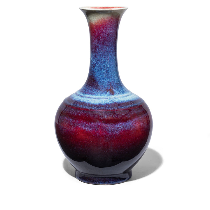 Handcrafted Jingdezhen purple yaobian porcelain trumpet mouth vase with flambé glaze in rich aubergine, crimson and cobalt blue tones and a softly crackled ivory flared rim | Indigo Antiques
