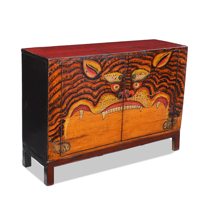 Angled VIew Of Antique Chinese Painted Tiger Cabinet | Indigo Antiques