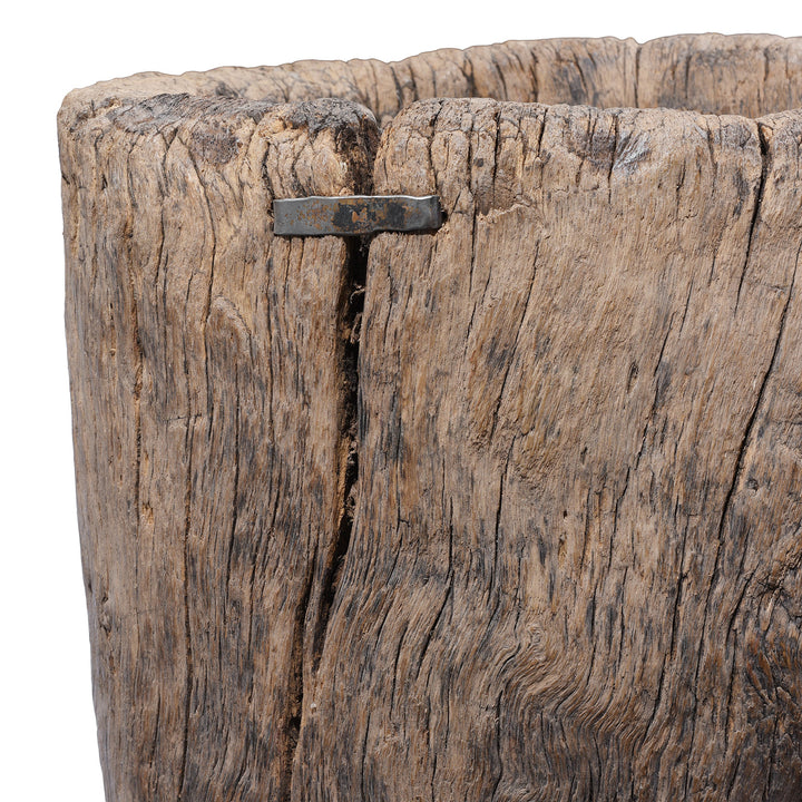 Repair Detail From 19th century oak pepper mortar from South China with deeply weathered timber and historic iron repairs | Indigo Antiques