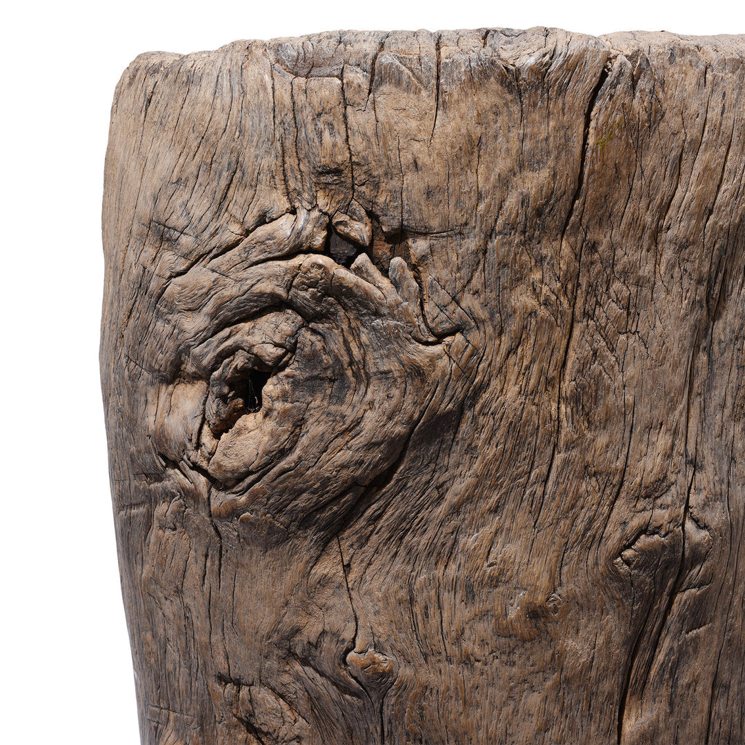 Wood Detail From 19th century oak pepper mortar from South China with deeply weathered timber and historic iron repairs | Indigo Antiques