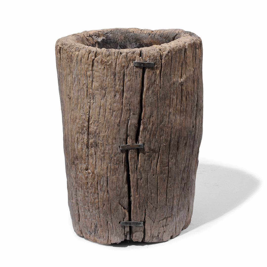 19th century oak pepper mortar from South China with deeply weathered timber and historic iron repairs | Indigo Antiques