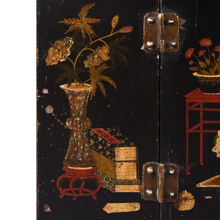Paintwork Detail From Option 1 Antique Chinese Black Lacquer Kang Cabinet | Indigo Antiques
