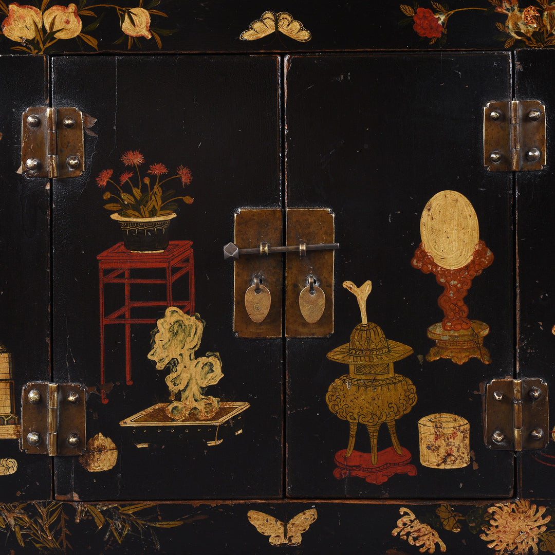 Paintwork Detail From Option 1 Antique Chinese Black Lacquer Kang Cabinet | Indigo Antiques