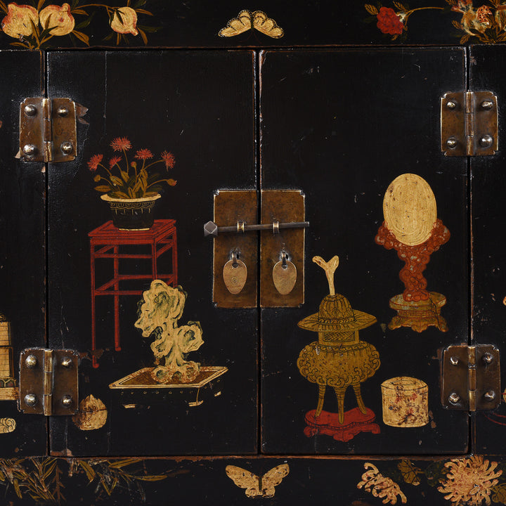 Paintwork Detail From Option 1 Antique Chinese Black Lacquer Kang Cabinet | Indigo Antiques