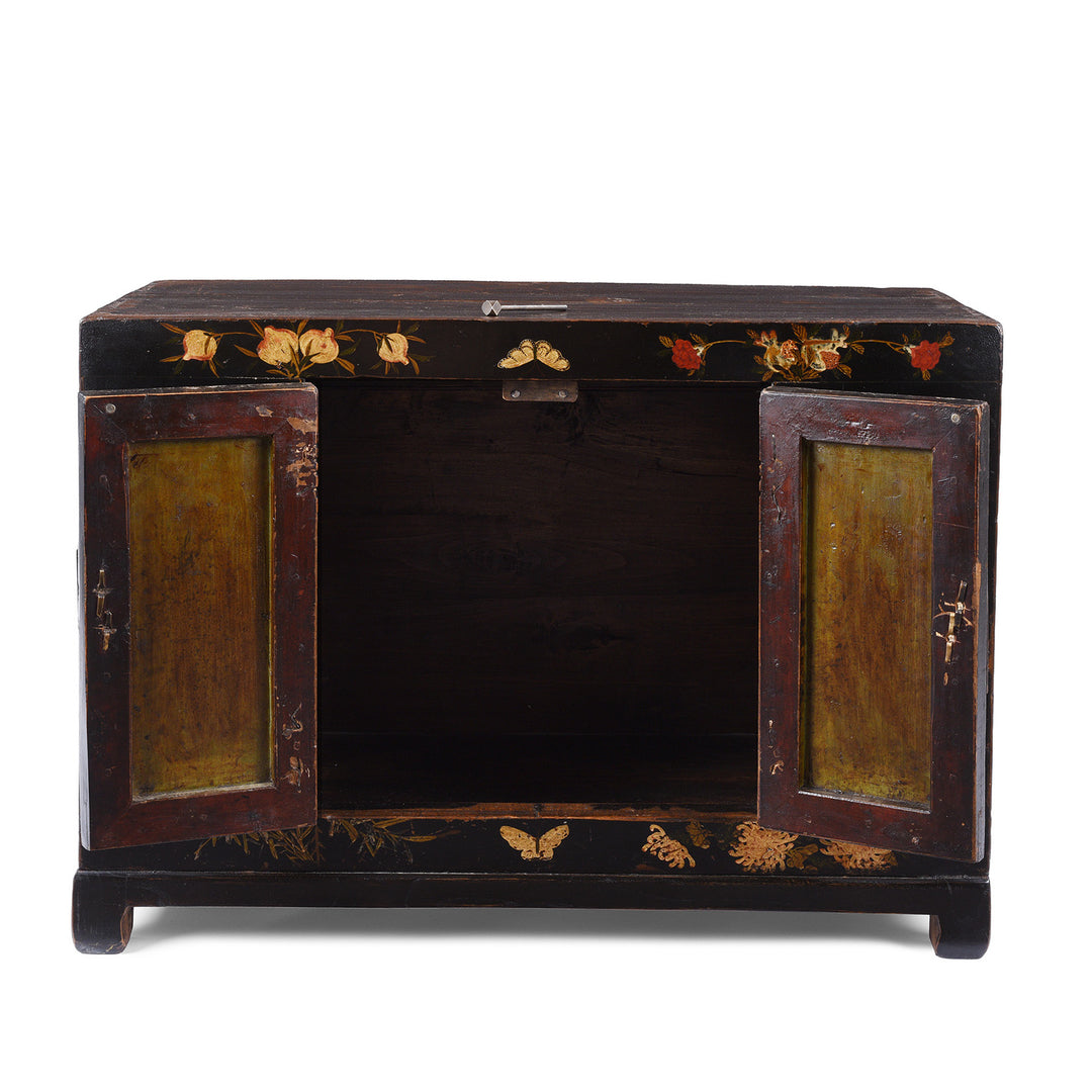 Open Doors View Of Option 1 Antique Chinese Black Lacquer Kang Cabinet | Indigo Antiques