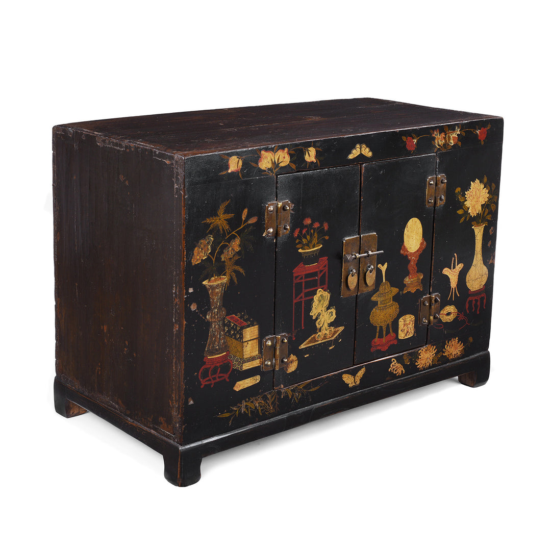 Angled View Of Option 1 Antique Chinese Black Lacquer Kang Cabinet | Indigo Antiques
