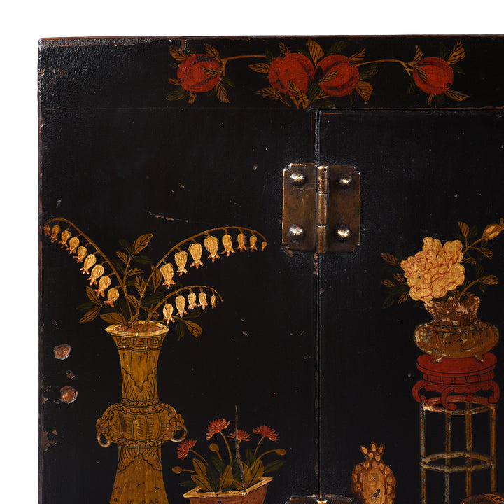 Corner And Paintwork Detail From Option 2 Antique Chinese Black Lacquer Kang Cabinet | Indigo Antiques