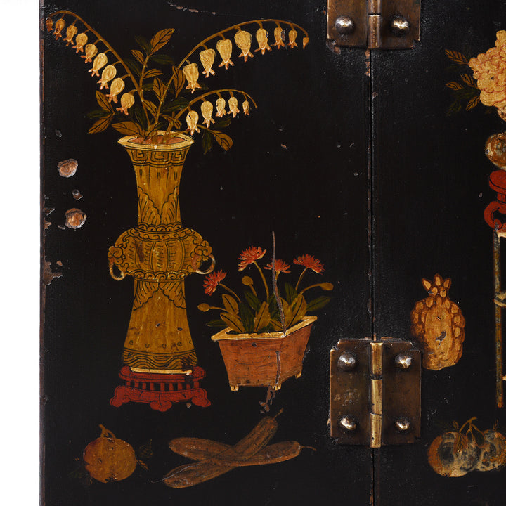 Paintwork Detail From Option 2 Antique Chinese Black Lacquer Kang Cabinet | Indigo Antiques