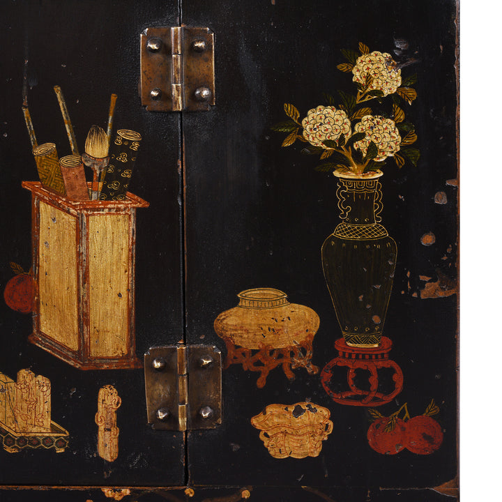 Paintwork Detail From Option 2 Antique Chinese Black Lacquer Kang Cabinet | Indigo Antiques