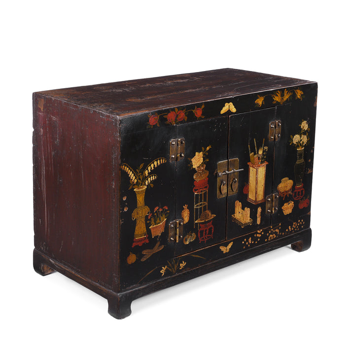 Angled View  Of Option 2 Antique Chinese Black Lacquer Kang Cabinet | Indigo Antiques