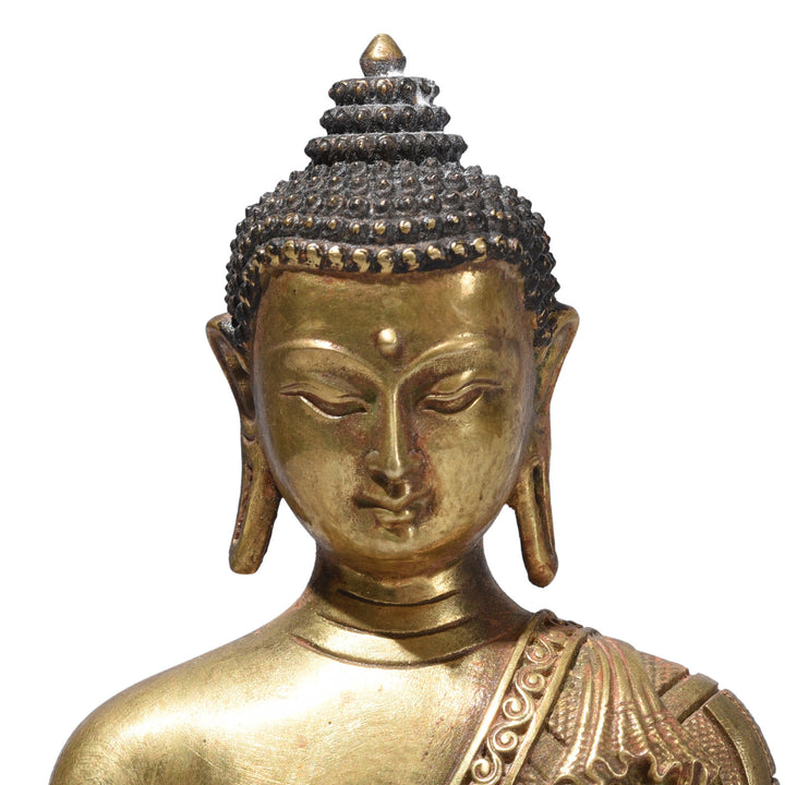 Face Detail From Small Brass Buddha Varada Mudra | Indigo Antiques