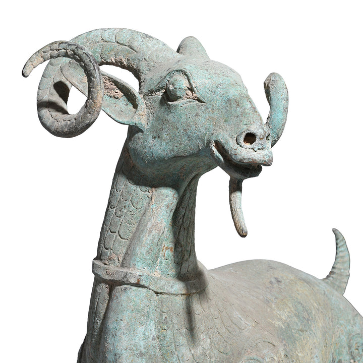 Face Detail From Reproduction Verdigris Bronze Han Dynasty Style Ram | Indigo Antiques