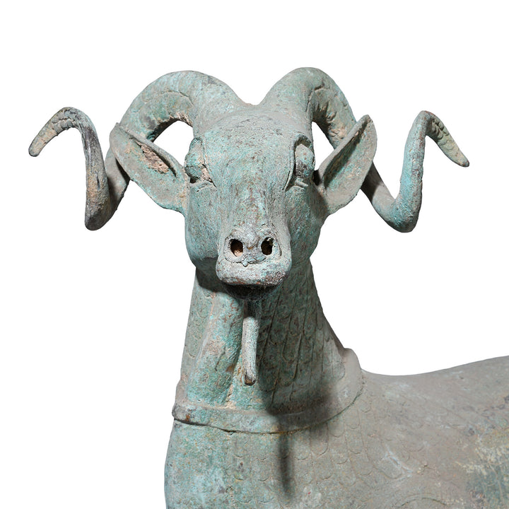 Frontal View Of Reproduction Verdigris Bronze Han Dynasty Style Ram Face | Indigo Antiques