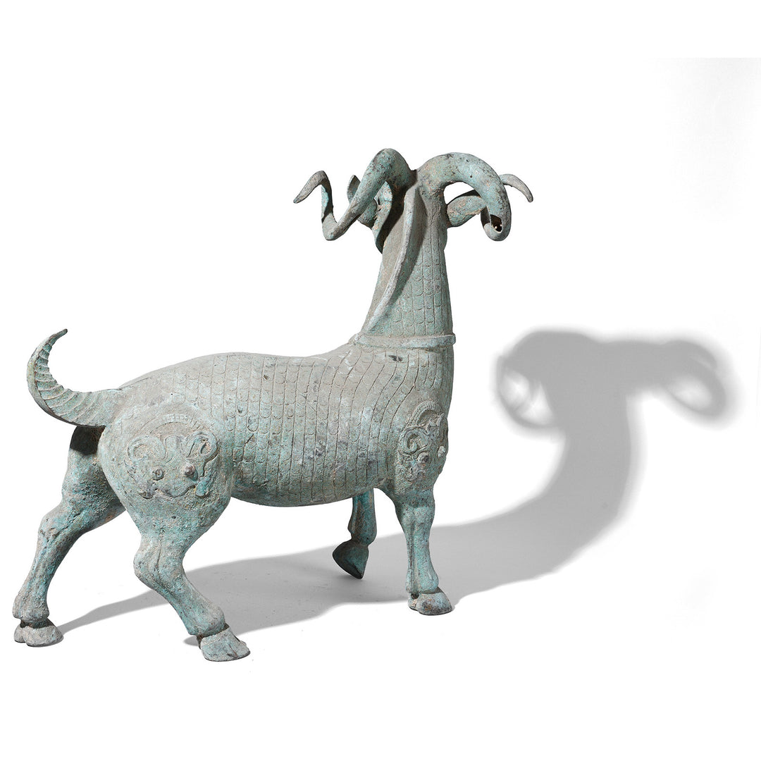 Rear View Of Reproduction Verdigris Bronze Han Dynasty Style Ram | Indigo Antiques