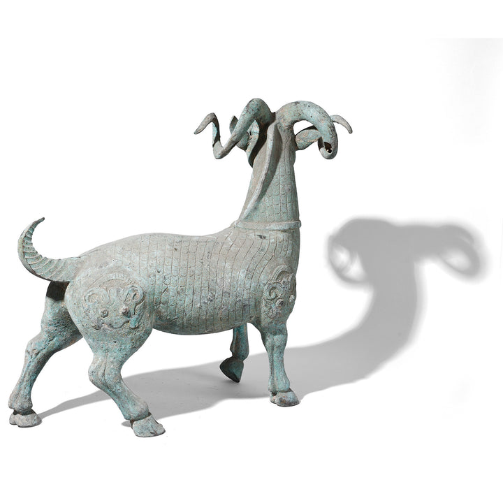 Rear View Of Reproduction Verdigris Bronze Han Dynasty Style Ram | Indigo Antiques
