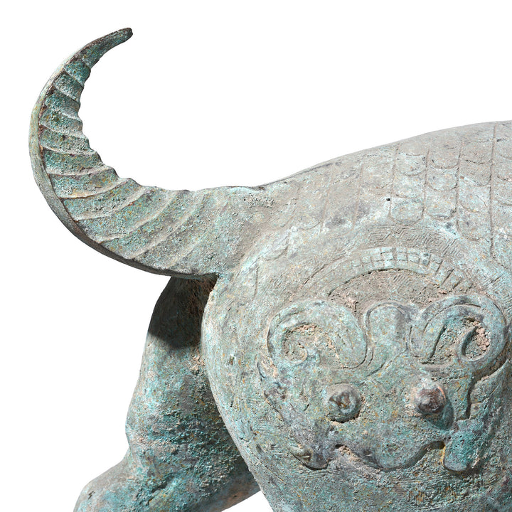Tail Detail From Reproduction Verdigris Bronze Han Dynasty Style Ram | Indigo Antiques