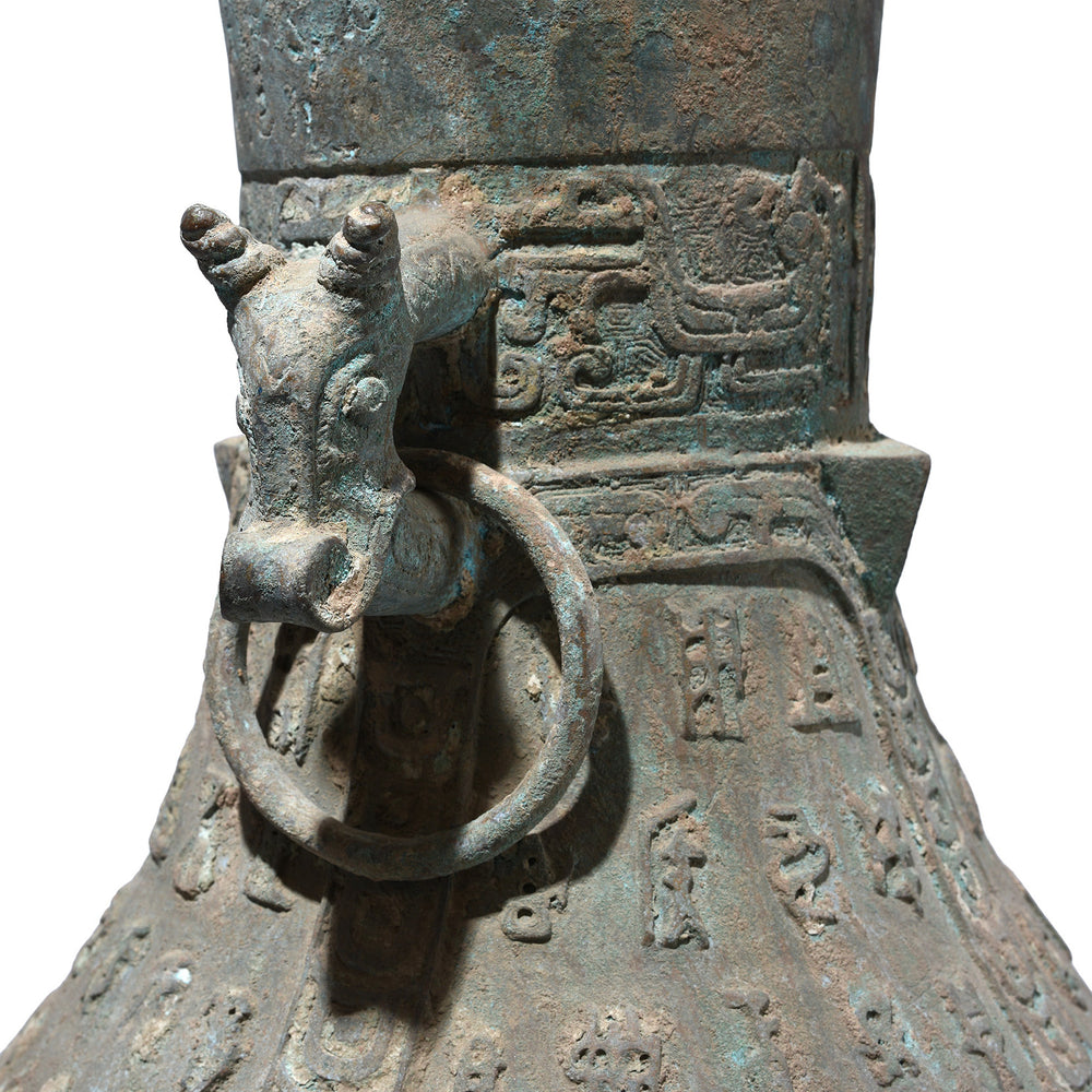 horse Head Detail From Chinese Verdigris Bronze Xi Zhou Dynasty Style Urn | Indigo Antiques