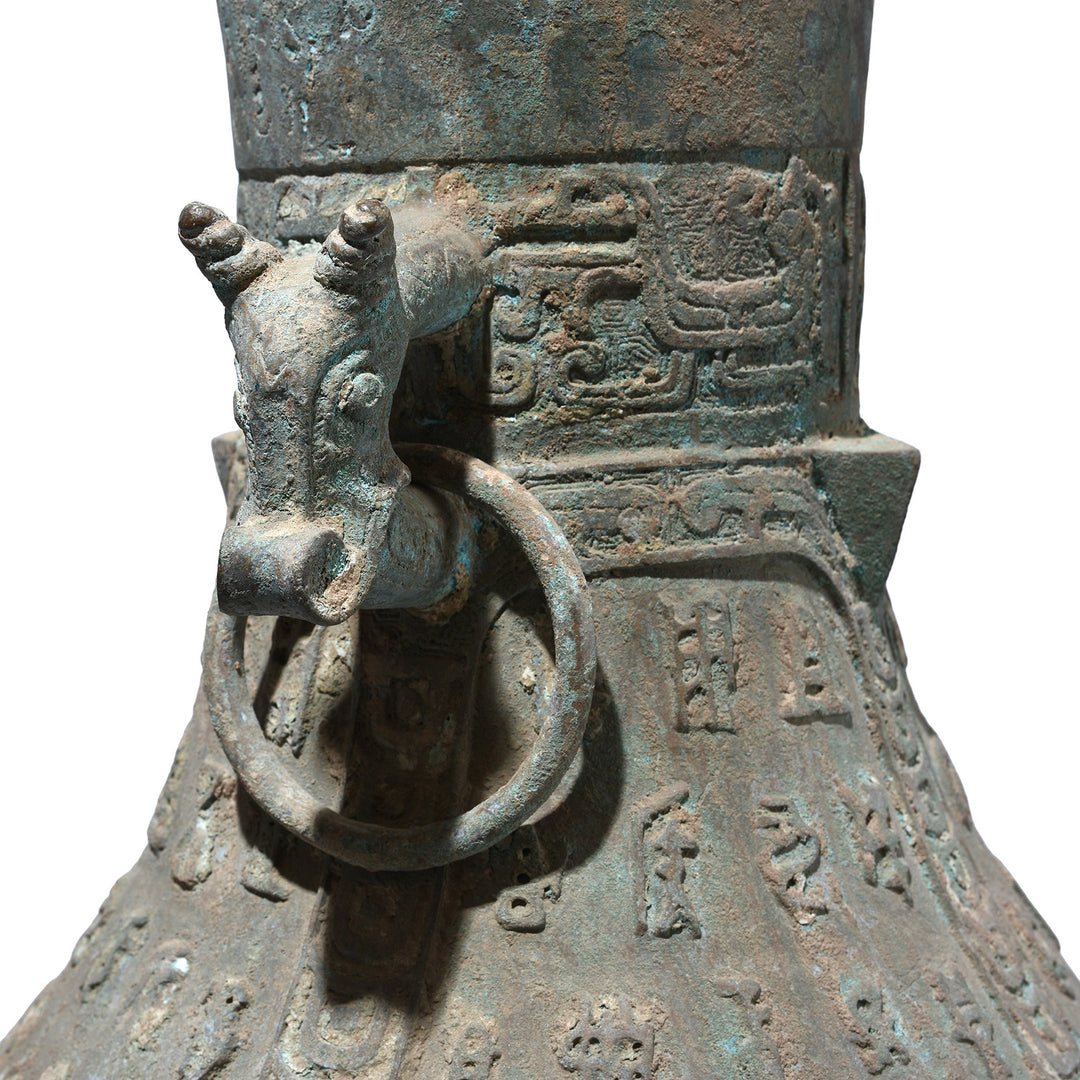horse Head Detail From Chinese Verdigris Bronze Xi Zhou Dynasty Style Urn | Indigo Antiques
