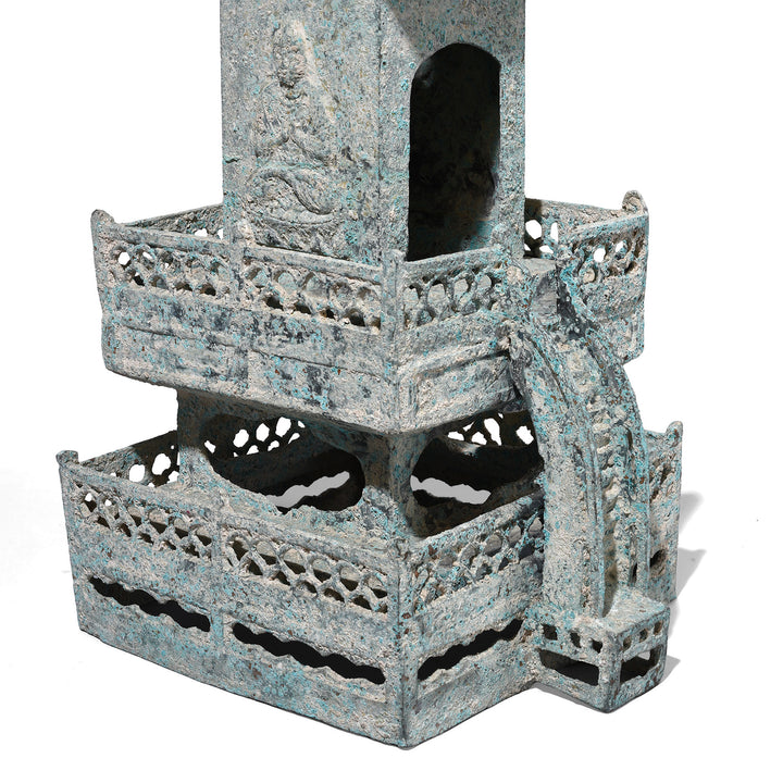 Detail From Base Of Verdigris Bronze Han Dynasty Style Pagoda | Indigo Antiques