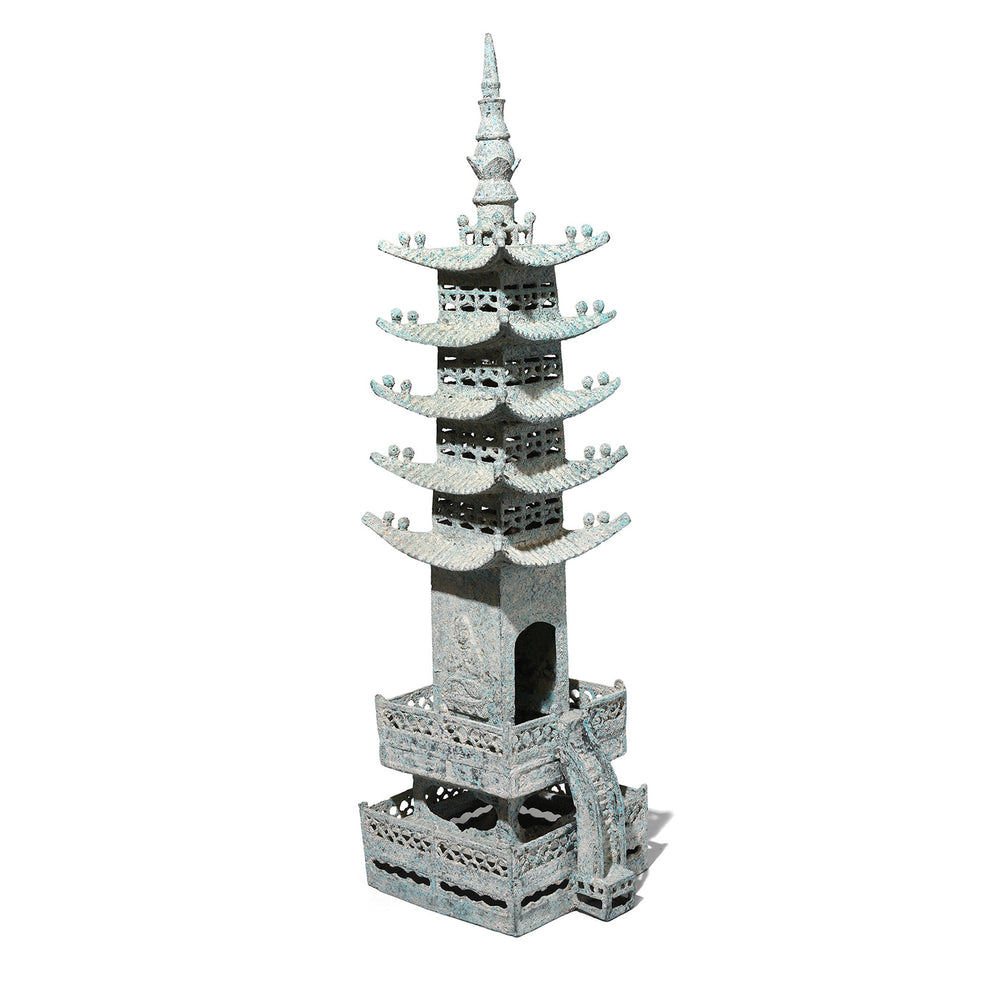 Angled VIew Of Verdigris Bronze Han Dynasty Style Pagoda | Indigo Antiques