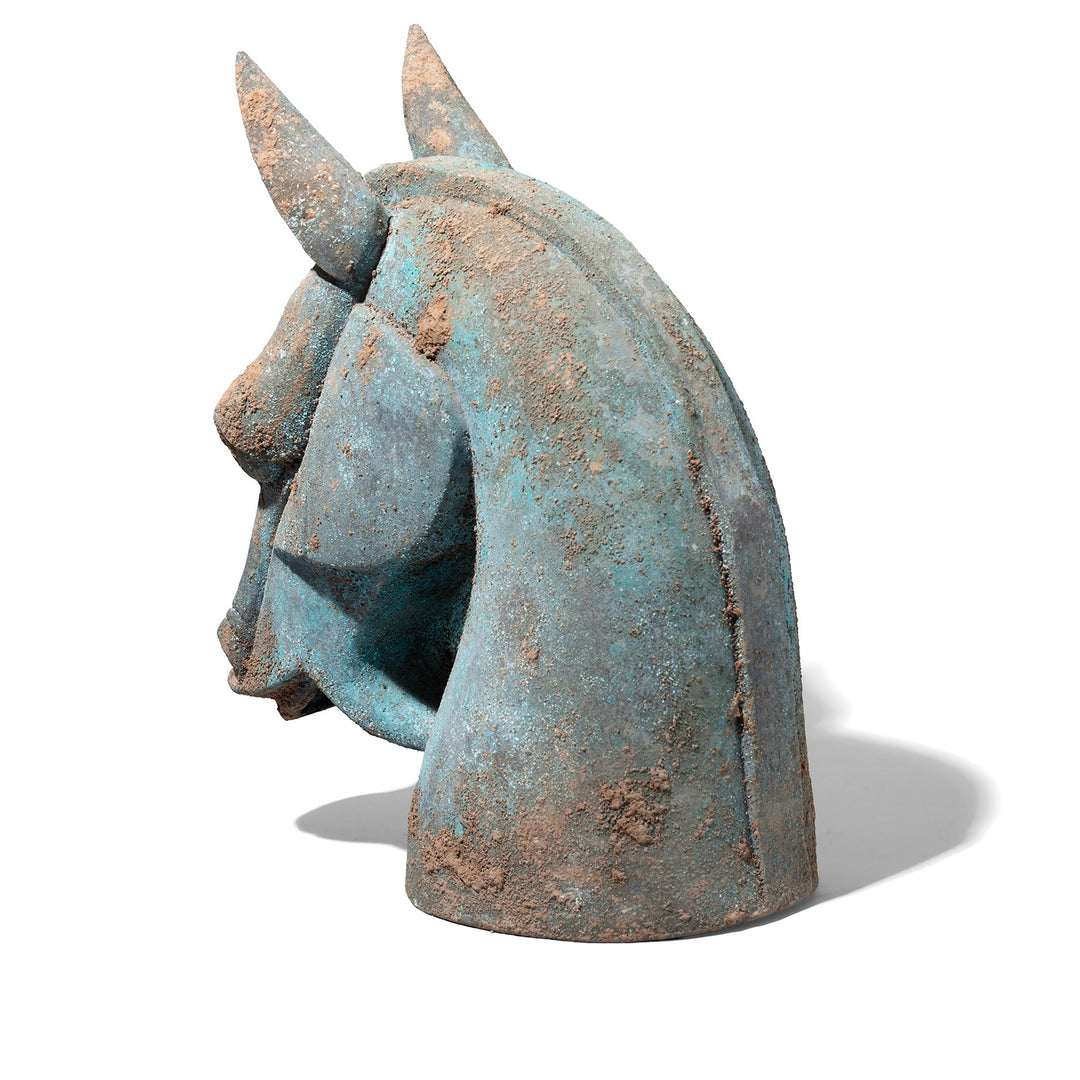Rear View Of Verdigris Bronze Han Dynasty Style Horse Head | Indigo Antiques