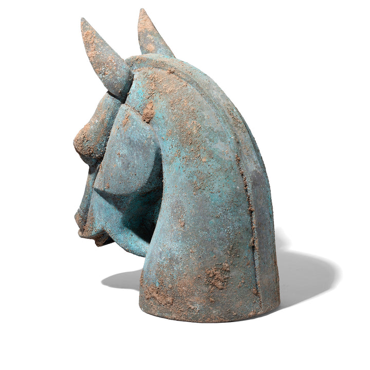 Rear View Of Verdigris Bronze Han Dynasty Style Horse Head | Indigo Antiques