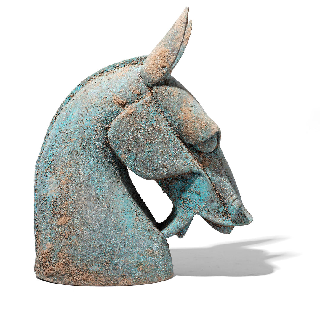 Side View Of Verdigris Bronze Han Dynasty Style Horse Head | Indigo Antiques