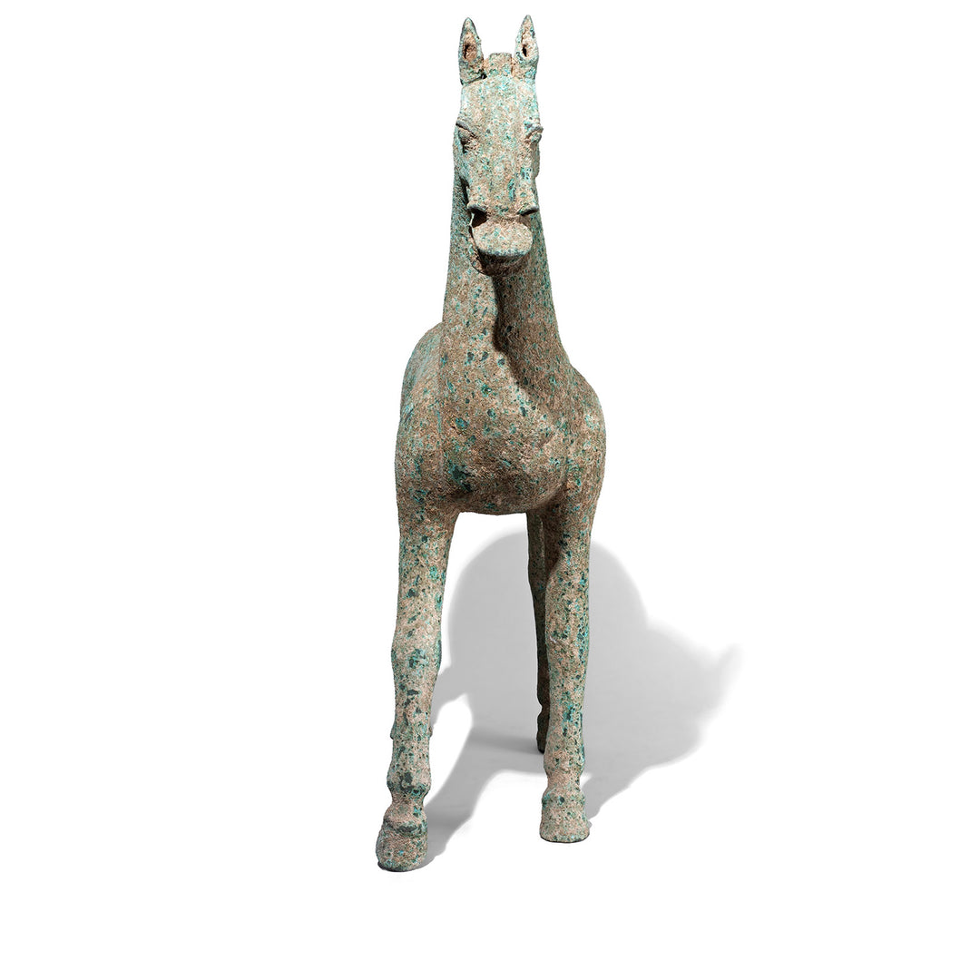 Front View Of Reproduction Verdigris Bronze Horse Statue | Indigo Antiques