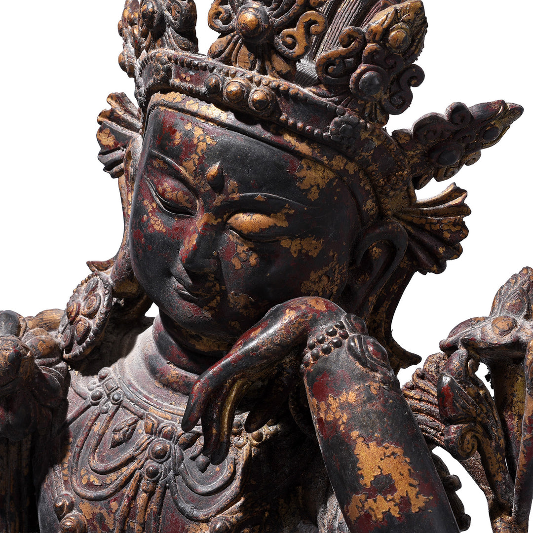 Face Detail From Chinese Bronze Seated Avalokiteshvara | Indigo Antiques
