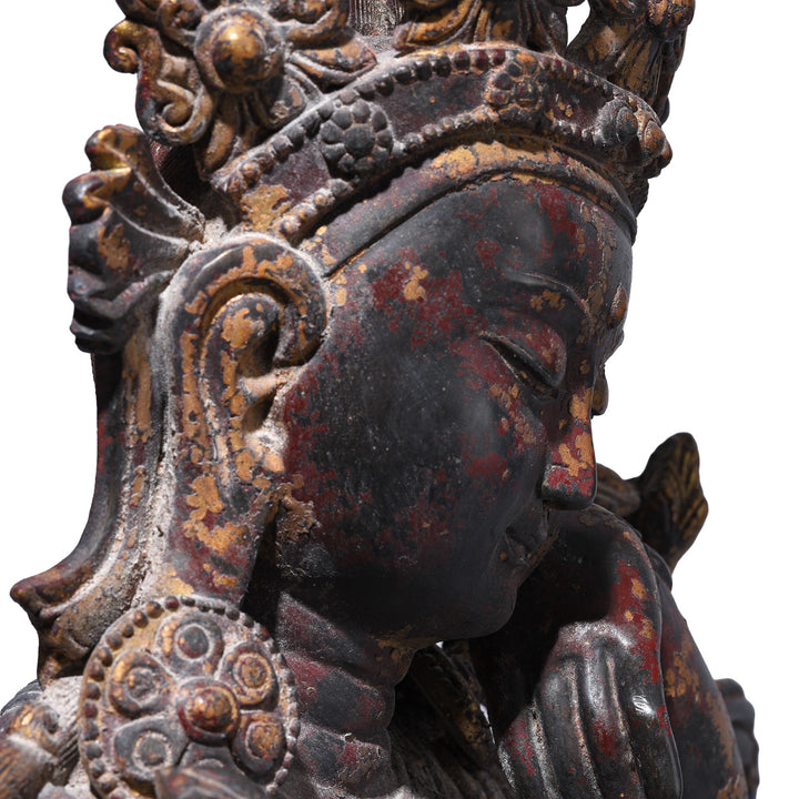 Face Detail From Chinese Bronze Seated Avalokiteshvara | Indigo Antiques