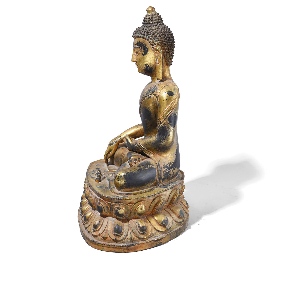 Side View Of Chinese Aged Bronze Seated Buddha - Bhumisparsha Mudra | Indigo Antiques