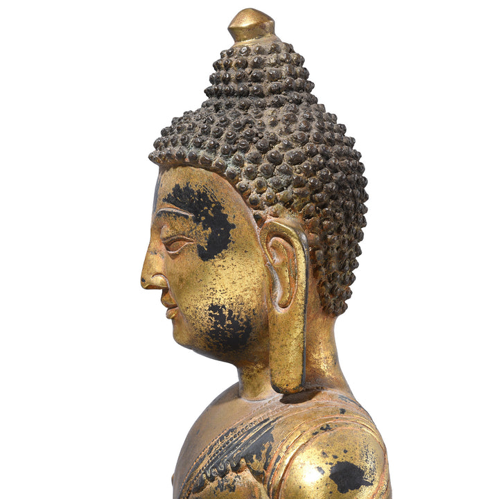 Portrait Detail From Chinese Aged Bronze Seated Buddha - Bhumisparsha Mudra | Indigo Antiques