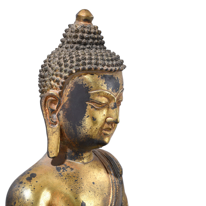 Face Detail From Chinese Aged Bronze Seated Buddha - Bhumisparsha Mudra | Indigo Antiques