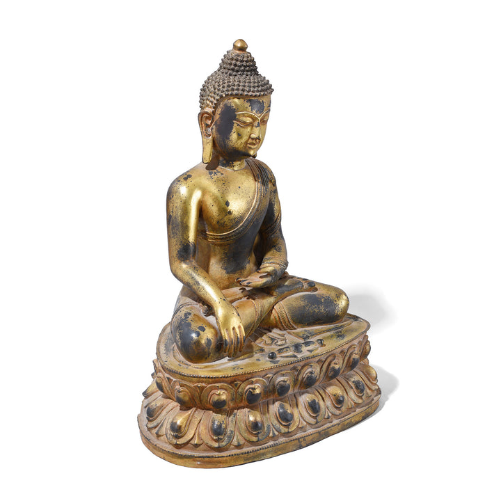 Angled View Of Chinese Aged Bronze Seated Buddha - Bhumisparsha Mudra | Indigo Antiques