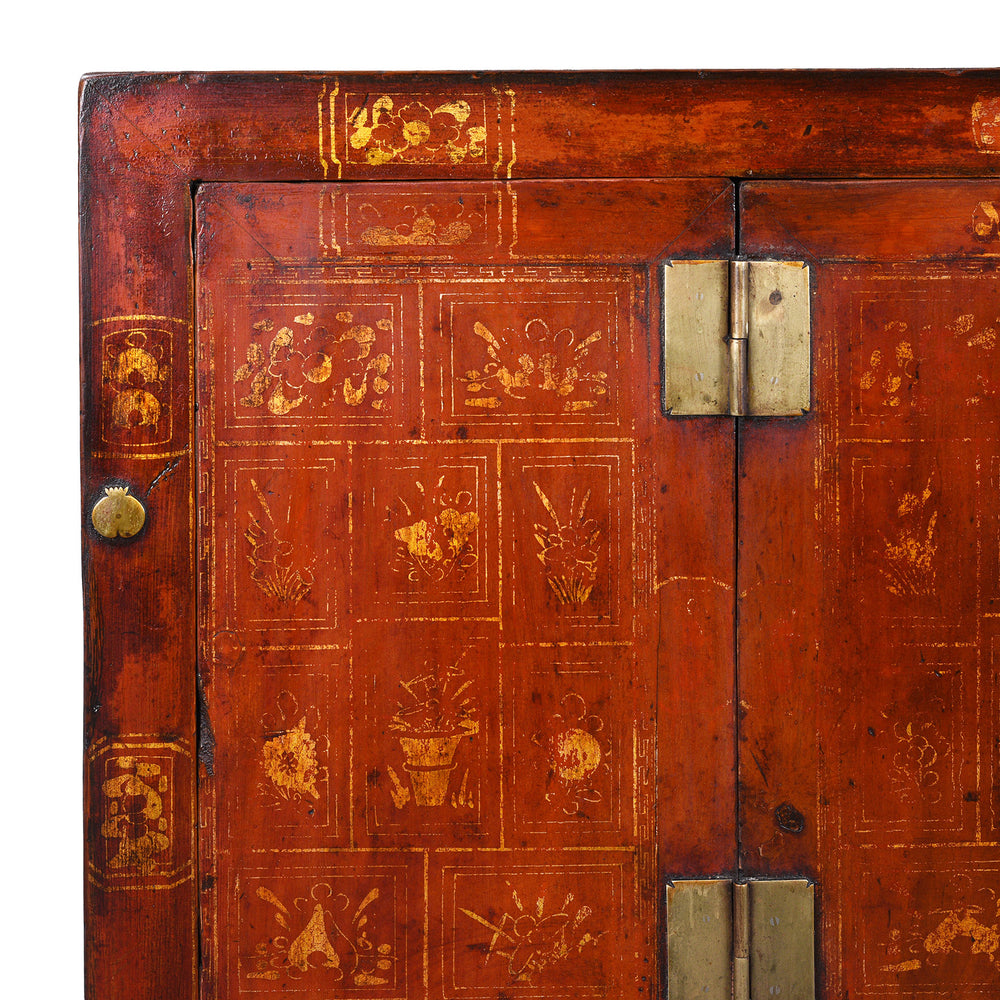 Corner Detail From Red Lacquer Chinese Sideboard From Dongbei | INDIGO ANTIQUES