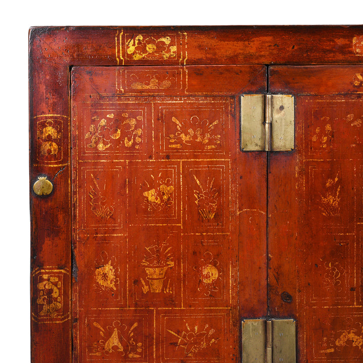 Corner Detail From Red Lacquer Chinese Sideboard From Dongbei | INDIGO ANTIQUES