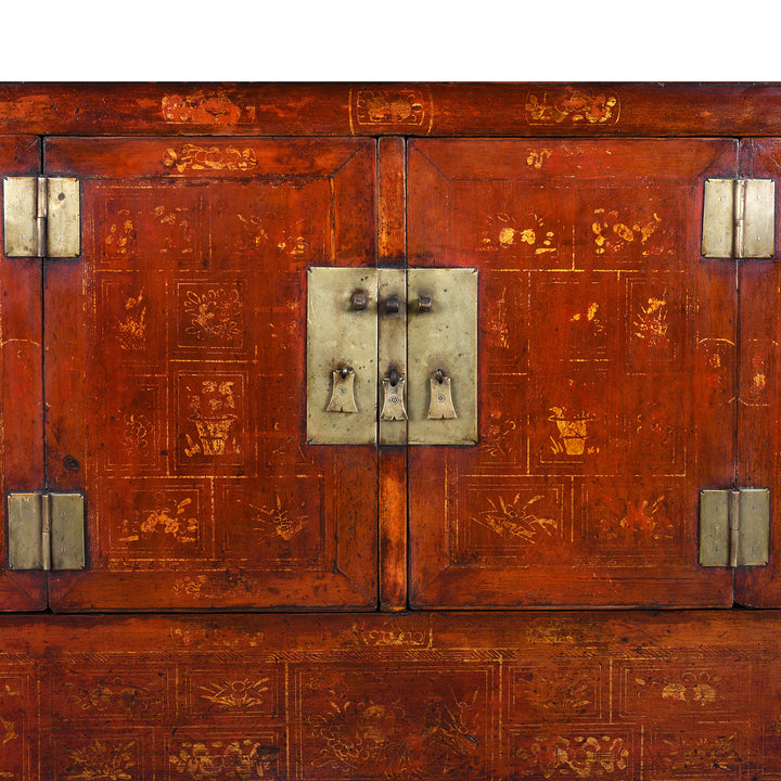 Door Plate Detail From Red Lacquer Chinese Sideboard From Dongbei | INDIGO ANTIQUES