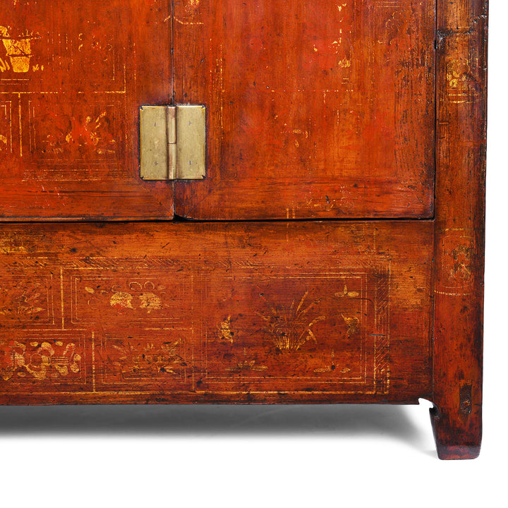 Lower Corner Detail From Red Lacquer Chinese Sideboard From Dongbei | INDIGO ANTIQUES