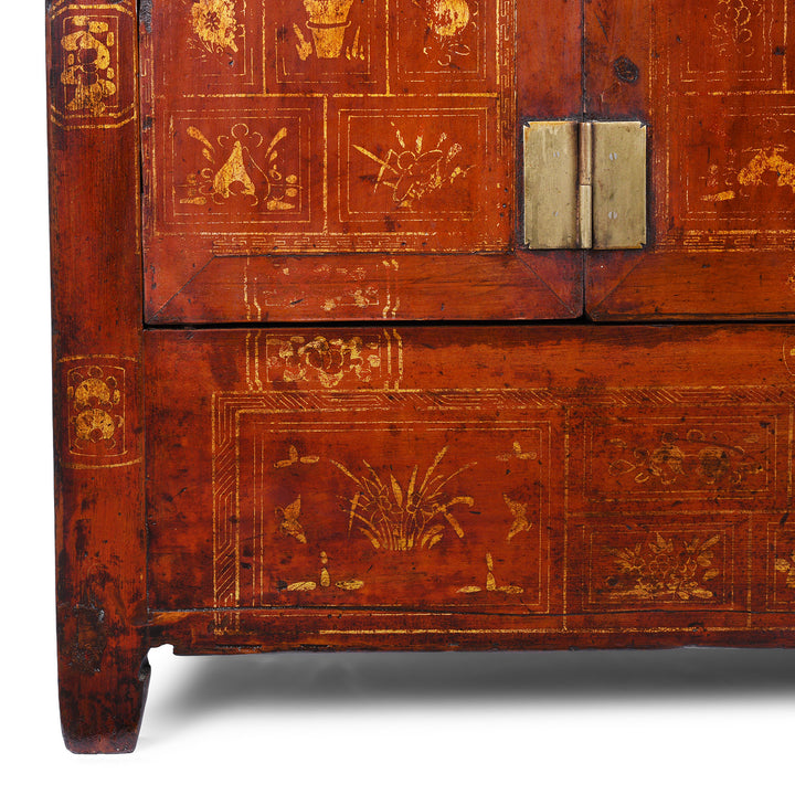 Artwork Detail From Red Lacquer Chinese Sideboard From Dongbei | INDIGO ANTIQUES