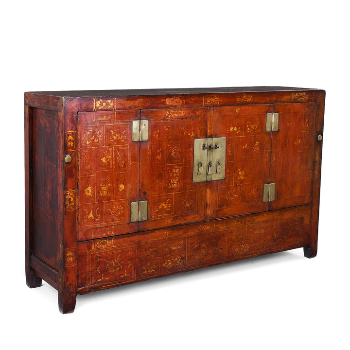 Angled View Of Red Lacquer Chinese Sideboard From Dongbei | INDIGO ANTIQUES