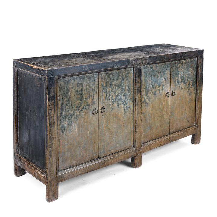 Angled View Of Antique Chinese Painted Elm & Poplar Sideboard | Indigo Antiques