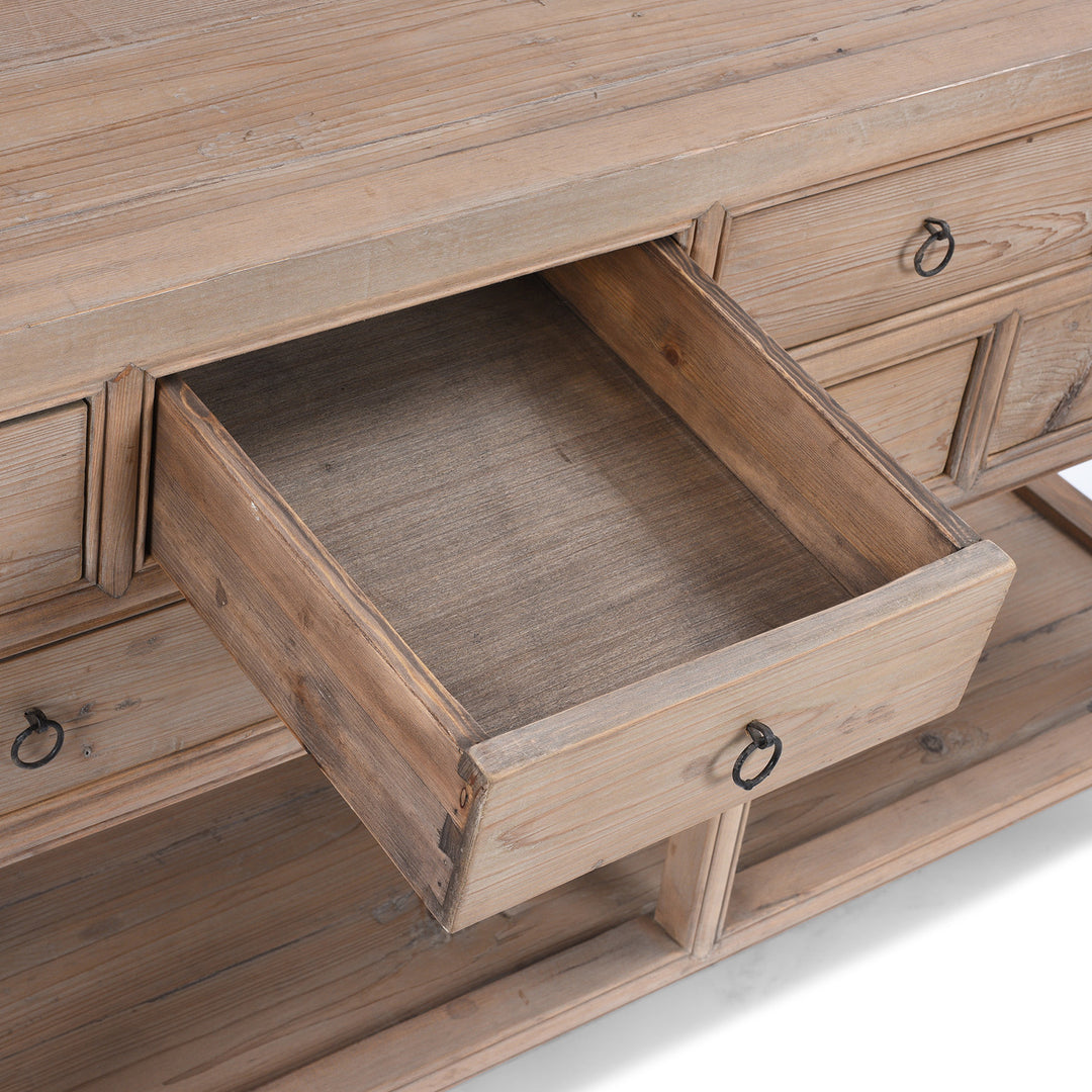 Drawer Detail From Rustic Console Table With Shelf | Indigo Antiques