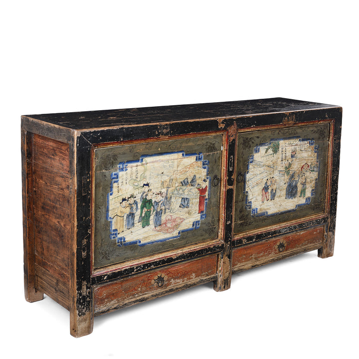 Angled View Of Antique Mongolian Painted Sideboard | Indigo Antiques