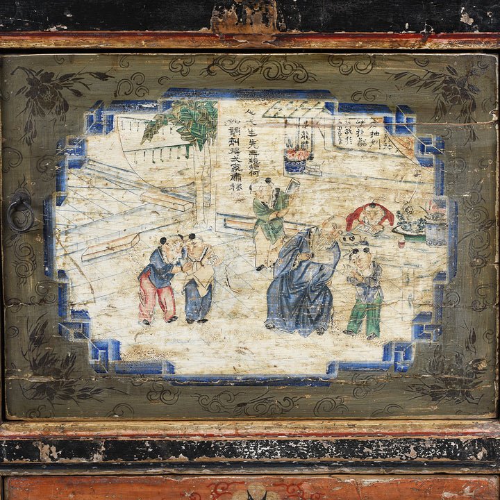 Door Artwork Detail From Antique Mongolian Painted Sideboard | Indigo Antiques