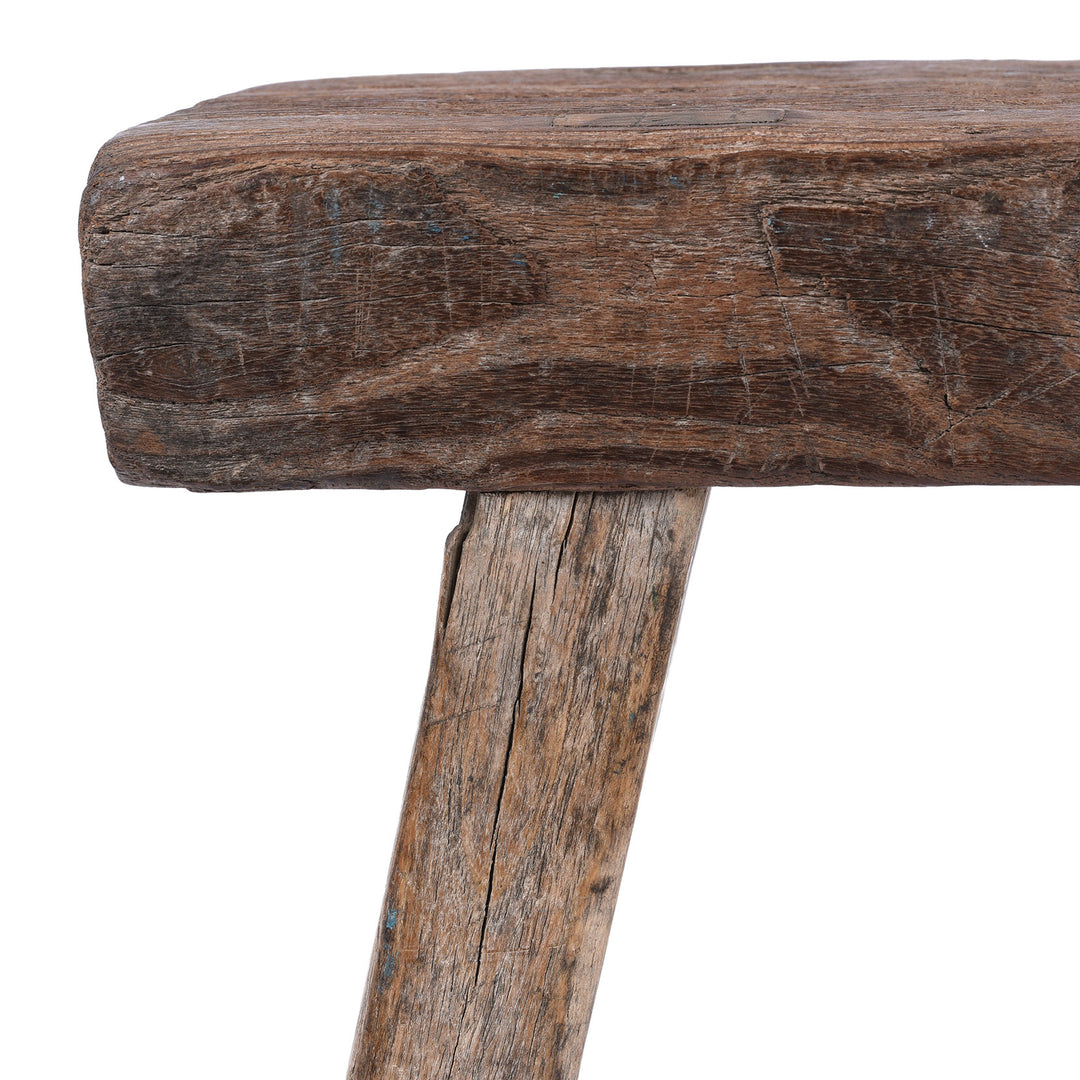 Corner Detail From Vintage Chinese Rustic Farmhouse Elm Low Stool | Indigo Antiques 
