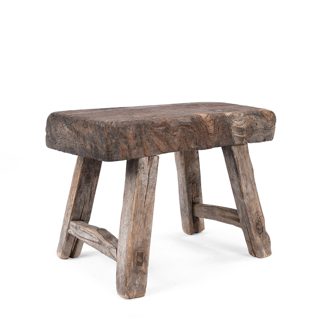 Corner Detail From Vintage Chinese Rustic Farmhouse Elm Low Stool | Indigo Antiques 