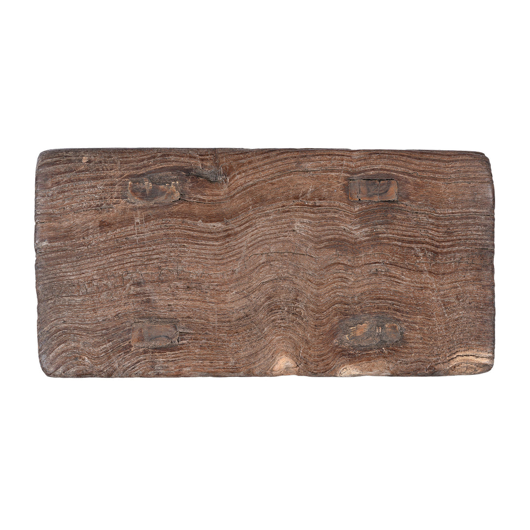 Top Down View Of Corner Detail From Vintage Chinese Rustic Farmhouse Elm Low Stool | Indigo Antiques 