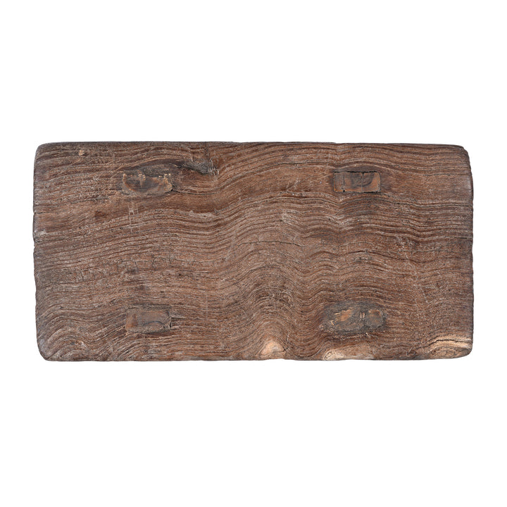 Top Down View Of Corner Detail From Vintage Chinese Rustic Farmhouse Elm Low Stool | Indigo Antiques 